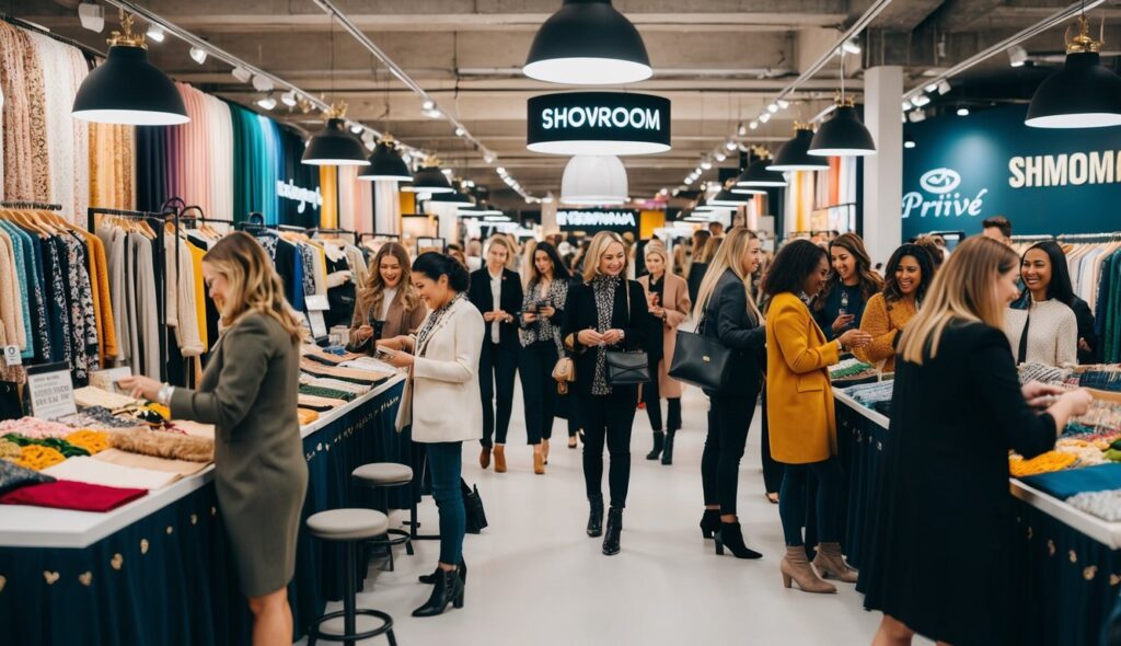 Un marché animé avec des marques de mode, de textile et de broderie présentant leurs produits exclusifs à un groupe diversifié de consommateurs en ligne intéressés sur Showroomprivé.