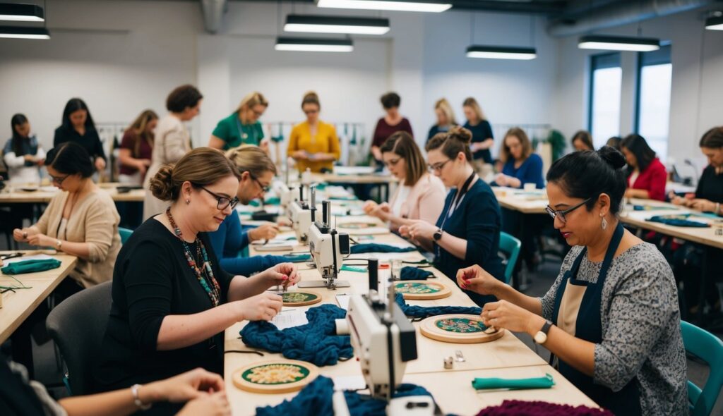 Les participants à des ateliers thématiques s'engagent dans un apprentissage pratique de la broderie, des textiles, de la couture et de la mode. La collaboration et l'échange d'idées entre professionnels améliorent le développement des compétences pratiques. La scène capture l'expertise théorique appliquée à des tâches concrètes.