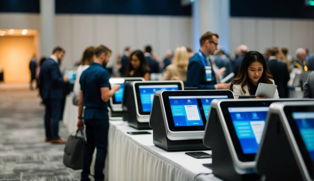 Le processus d'enregistrement est illustré avec des participants s'inscrivant facilement à des kiosques physiques ou numériques, créant une première impression positive pour les invités de l'événement.