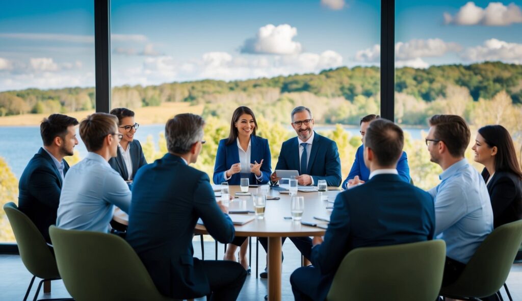 Une équipe de professionnels participe à un séminaire dynamique dans un cadre pittoresque, favorisant l'apprentissage, la motivation et la cohésion d'équipe.