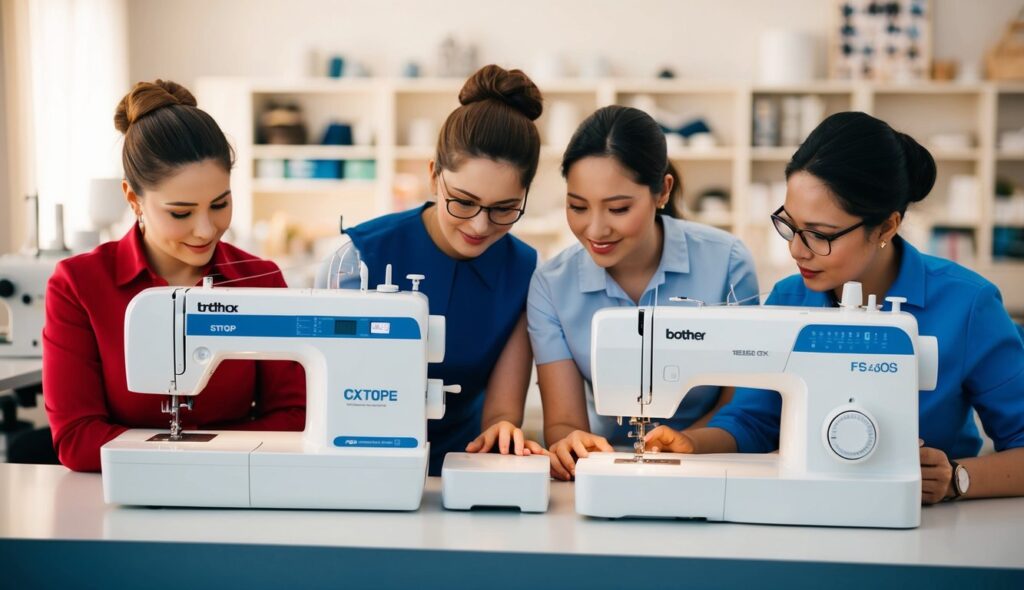 Un groupe de couturières comparant soigneusement les machines à coudre électroniques Brother CX70PE et FS40s, discutant de leurs caractéristiques et de leur polyvalence.