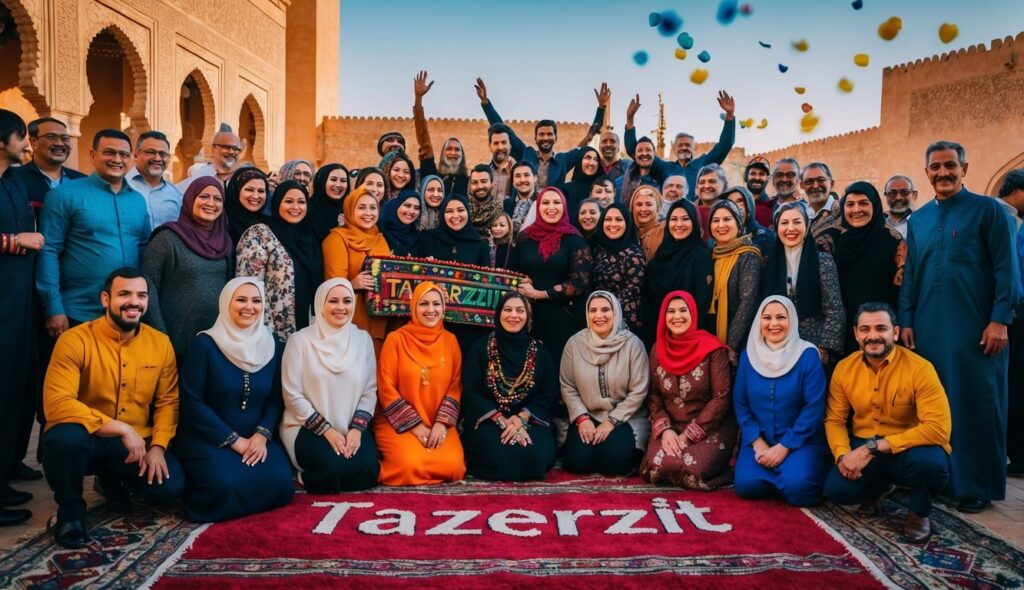 Un groupe de personnes au Maroc et en France célèbre la riche culture amazighe, avec le nom "Tazerzît" au centre des festivités.