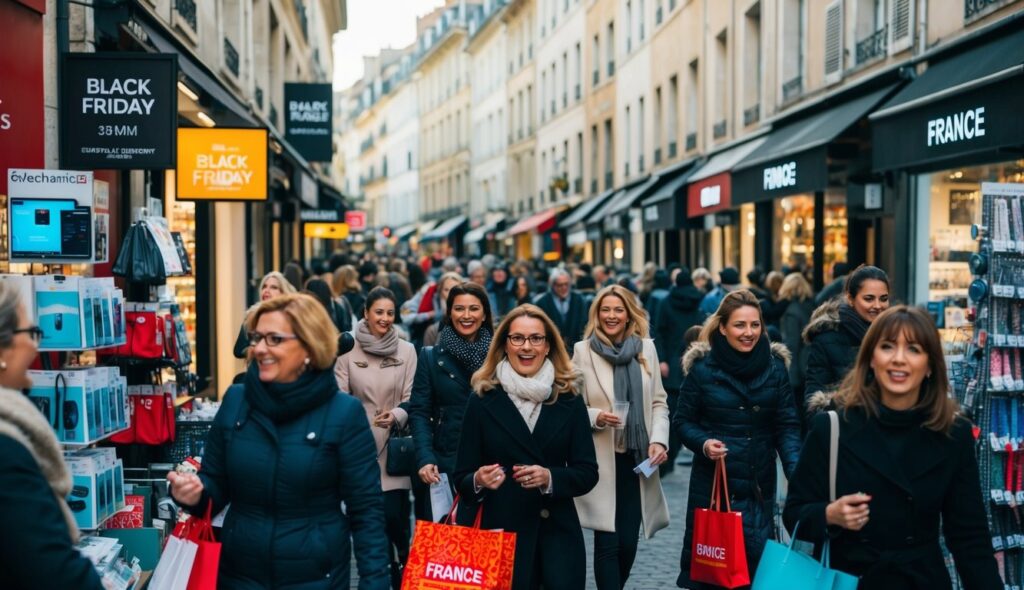 Les rues animées de France le Black Friday, avec des acheteurs impatients à la recherche de réductions sur une large gamme de produits, des électroniques à la mode, en passant par la broderie, les textiles et la couture. La scène capture l'excitation et l'impact économique de cette journée.