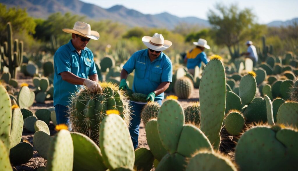 Une ferme de cactus mexicaine animée, où des travailleurs récoltent des nopales pour la mode durable. La lumière du soleil brille sur les raquettes de figuier de Barbarie, symbolisant une nouvelle ère dans les textiles écologiques.