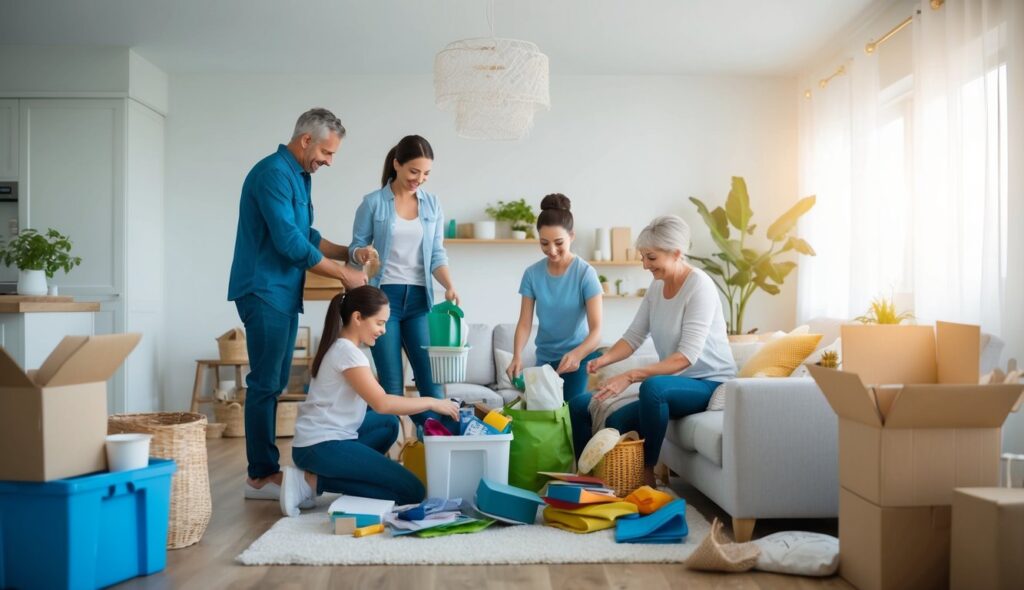 Une famille travaille ensemble pour désencombrer leur maison, triant leurs affaires et organisant leur espace pour créer un environnement harmonieux et fonctionnel.