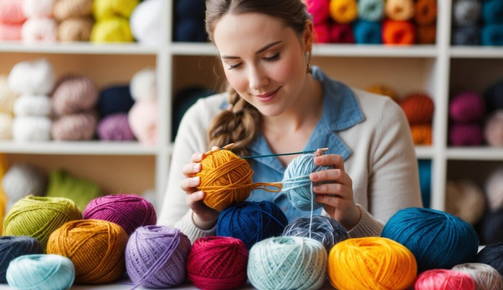 Une tricoteuse examine attentivement une gamme colorée de fils, en ressentant les textures et en considérant le poids et la composition de chaque pelote. La scène vibrante illustre l'importance de choisir le bon fil pour un projet de tricot ou de crochet réussi.