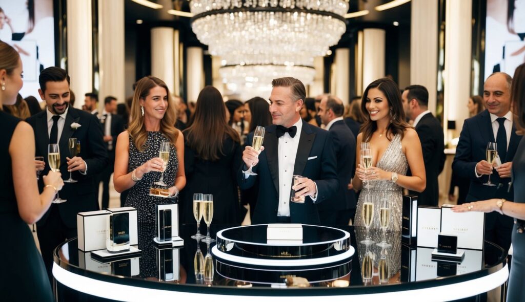 Les invités se mêlent dans un cadre somptueux, sirotant du champagne et admirant les derniers produits de luxe. L'atmosphère dégage exclusivité et sophistication, tandis que l'image de la marque est mise en valeur dans une présentation grandiose et captivante.