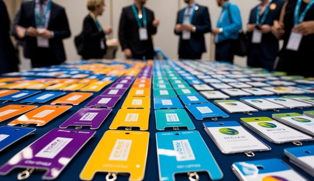 Des badges d'événement sont exposés sur une table, arborant des designs colorés et accrocheurs. Les participants portent les badges, s'identifiant facilement et engageant des conversations.