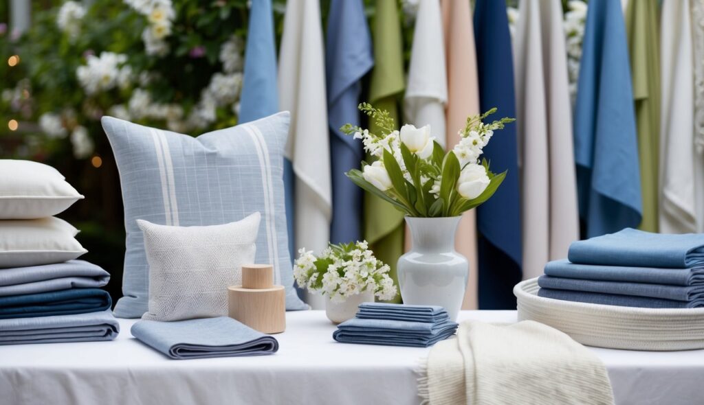 Haomy Textile dévoile sa collection printemps-été , mettant en valeur un mélange de savoir-faire textile français traditionnel et de tendances contemporaines. La scène présente une gamme variée de lin et de tissus en coton de haute qualité pour la chambre, la table et le jardin.