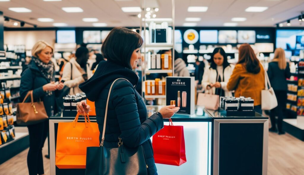 Un acheteur se tient devant un présentoir, captivé par un produit stratégiquement placé. Le magasin est en effervescence alors que d'autres clients parcourent les rayons et effectuent des achats spontanés.