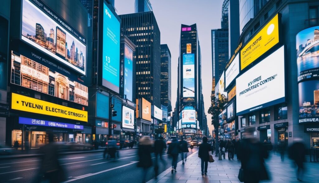 Une rue animée de la ville avec des panneaux d'affichage électroniques illuminant le paysage urbain, attirant l'attention des passants avec un contenu promotionnel dynamique.