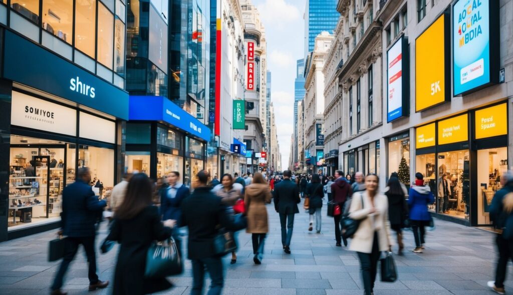 Une rue animée de la ville avec un mélange de magasins physiques, de sites de shopping en ligne et de plateformes de médias sociaux, tous en concurrence pour attirer l'attention des consommateurs de passage.