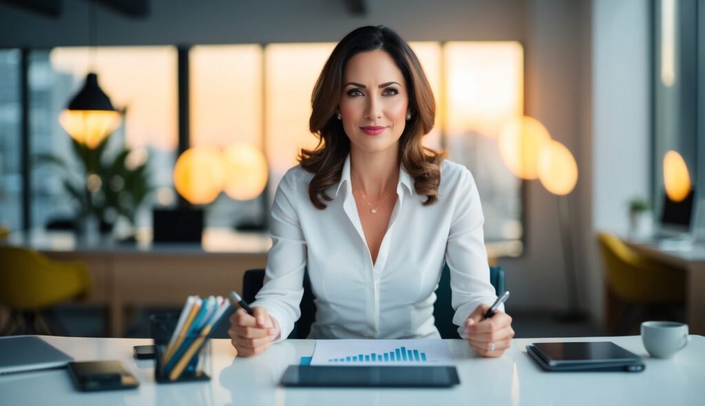 Une femme entrepreneur déterminée, construisant une base solide, surmontant des défis spécifiques grâce à des ressources ciblées.