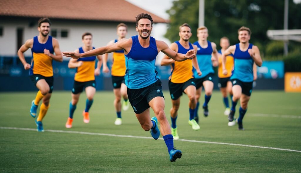 Un athlète joyeux en maillots colorés joue un match dynamique de sport en équipe, le tissu léger permettant des mouvements rapides et une reconnaissance facile des joueurs.