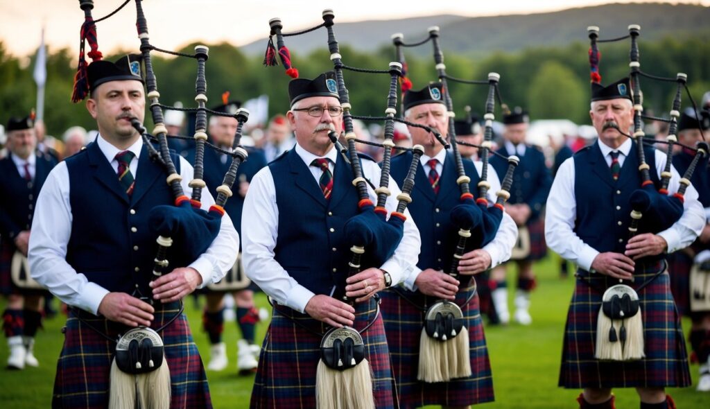 Un groupe de clans écossais portant des kilts en tartan à carreaux et jouant de la cornemuse lors d'un rassemblement traditionnel des Highlands.