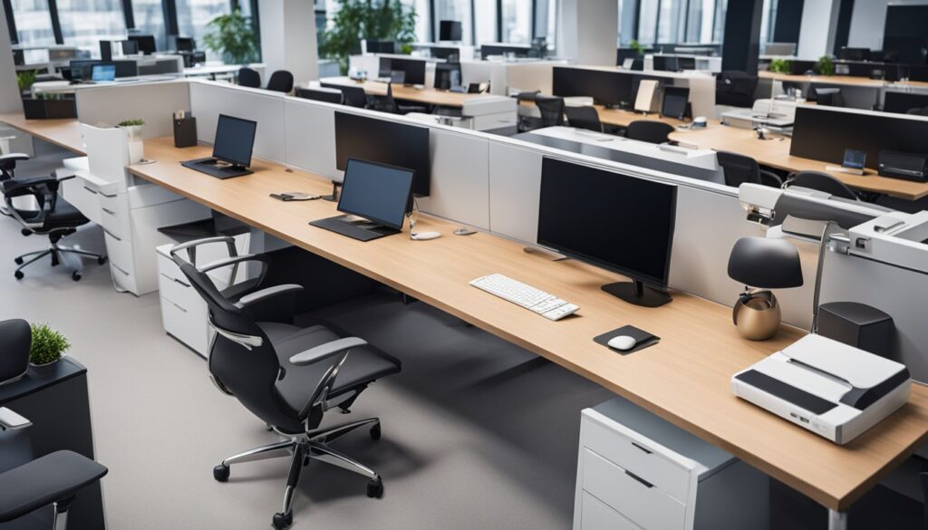 Un bureau banc avec plusieurs postes de travail des ordinateurs et des fournitures de bureau soigneusement disposes dans un cadre de bureau moderne en open space
