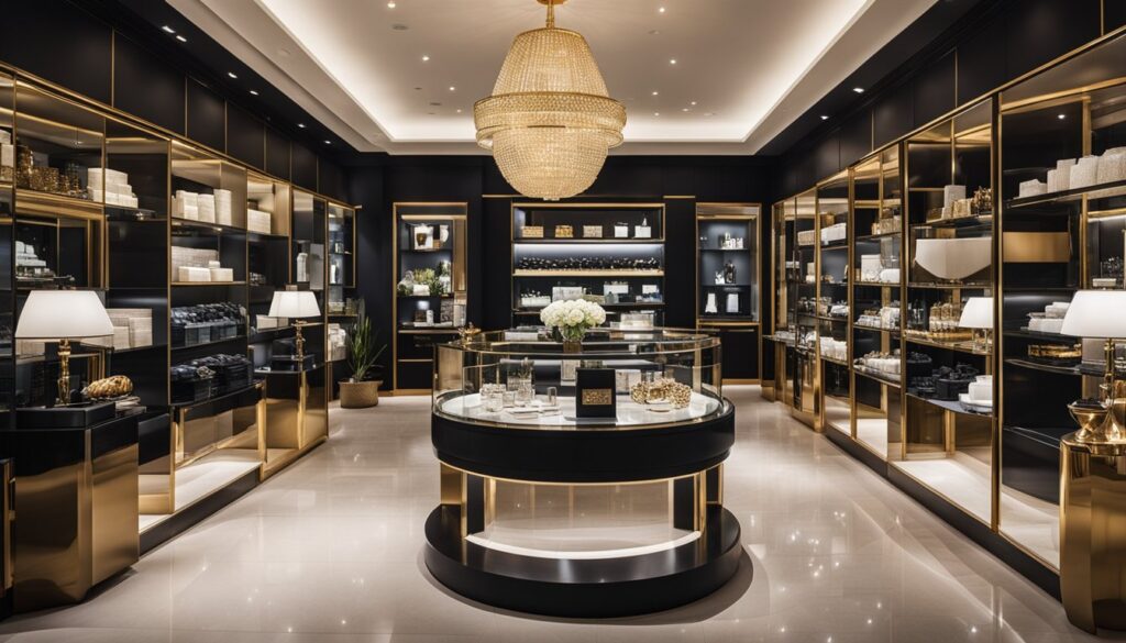 Un cadre de boutique luxueuse avec des presentoirs elegants de produits haut de gamme une decoration sophistiquee et une ambiance de service client attentif