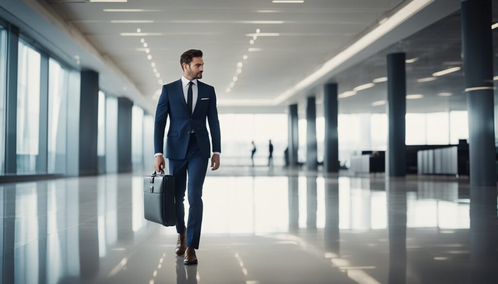 Un entrepreneur vetu dun costume elegant dune cravate et de chaussures cirees avancant avec confiance a travers un espace de bureau moderne une mallette a la main