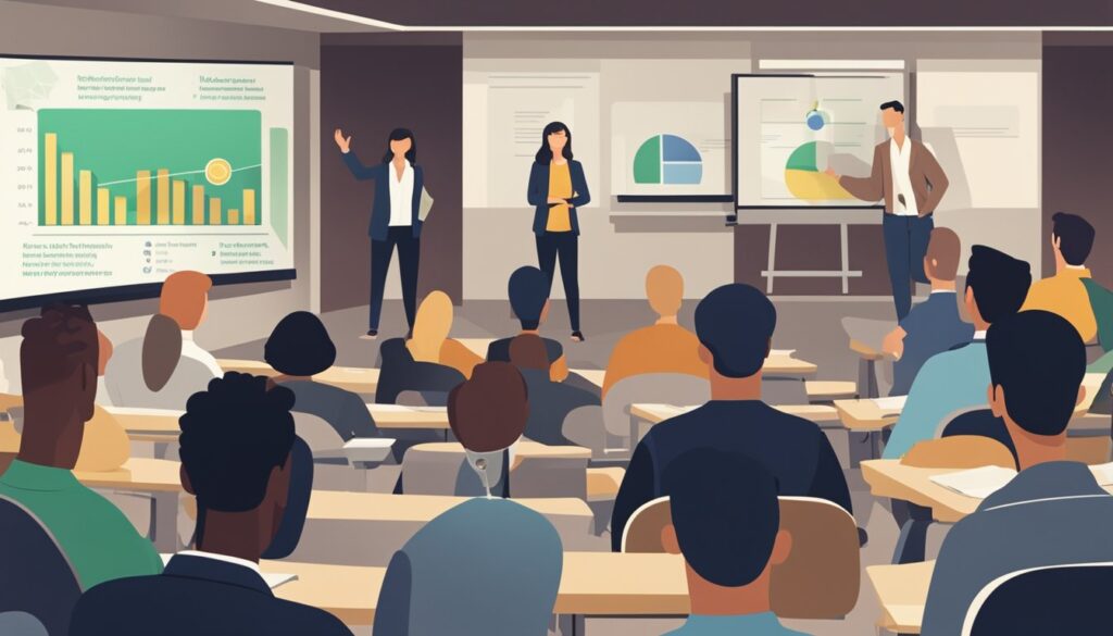 Un groupe assiste à une session de formation, avec un présentateur à l'avant et des supports pédagogiques affichés à l'écran.