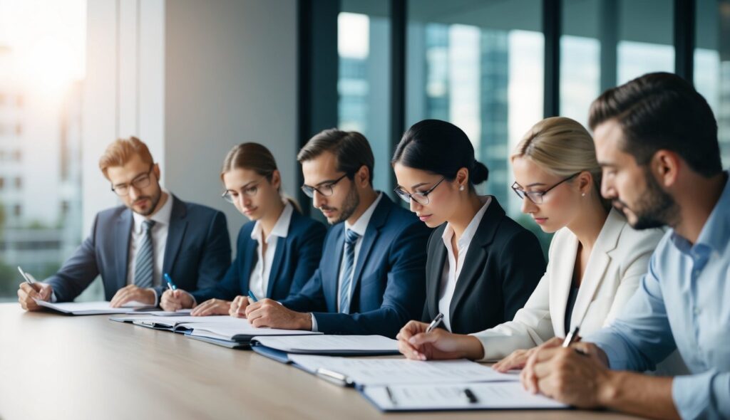 Un groupe de professionnels étudie les exigences légales, la documentation et l'accréditation nécessaires pour devenir un organisme de formation.