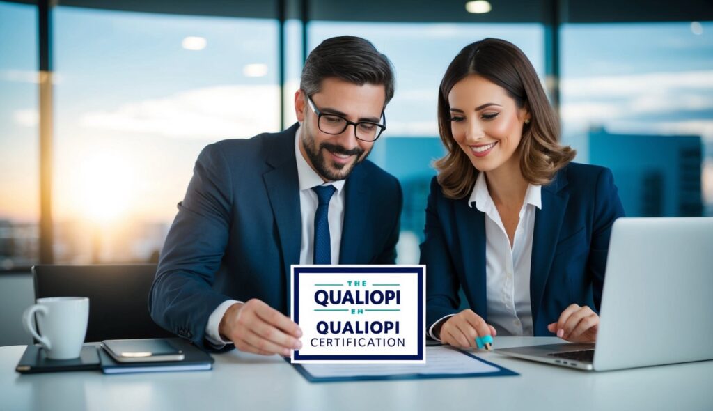 Deux professionnels s'engagent dans un processus d'audit détaillé, travaillant pour obtenir la prestigieuse certification Qualiopi, et semblent satisfaits des progrès réalisés.