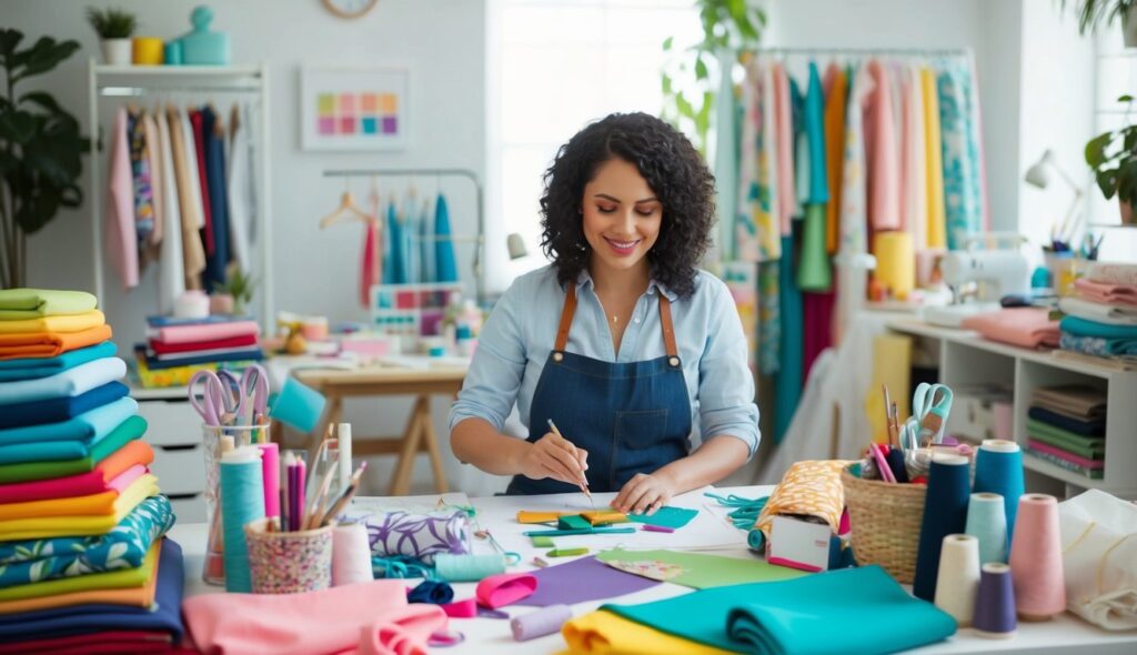 Un artiste entouré de tissus colorés et de fournitures de couture, créant et explorant de nouveaux designs dans un studio bien éclairé rempli d'inspiration.