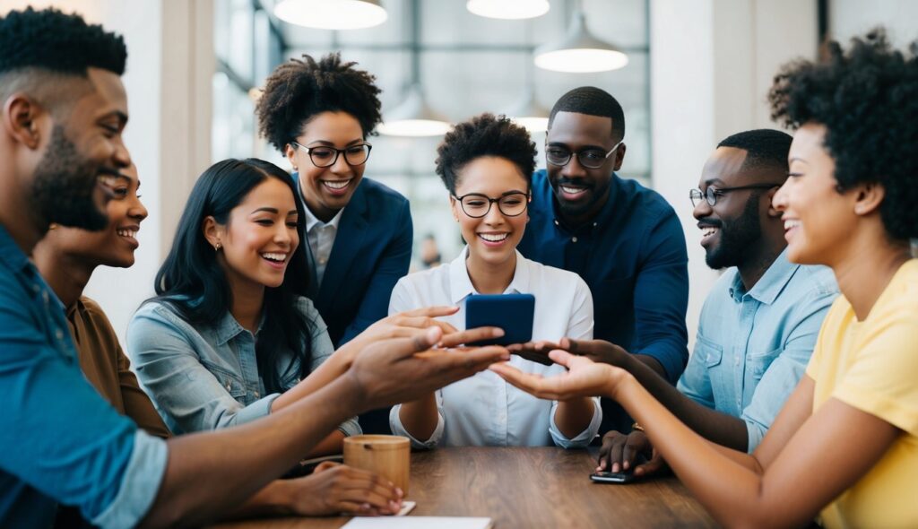 Un groupe d'individus divers engagés dans des interactions sincères avec une marque, exprimant des émotions authentiques et formant des liens durables au-delà de simples transactions commerciales.