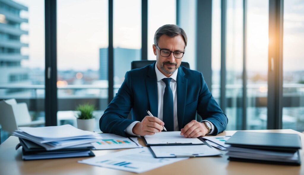 Un entrepreneur est assis à un bureau, pesant différentes structures juridiques pour son nouvel entreprise en France. Des papiers et des documents juridiques sont éparpillés sur la table.