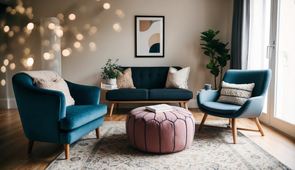 Un salon confortable avec un pouf élégant servant de table d'appoint, et un ottoman assorti complétant un ensemble de fauteuils confortables. Des couleurs chaudes et des textures douces créent un espace harmoni