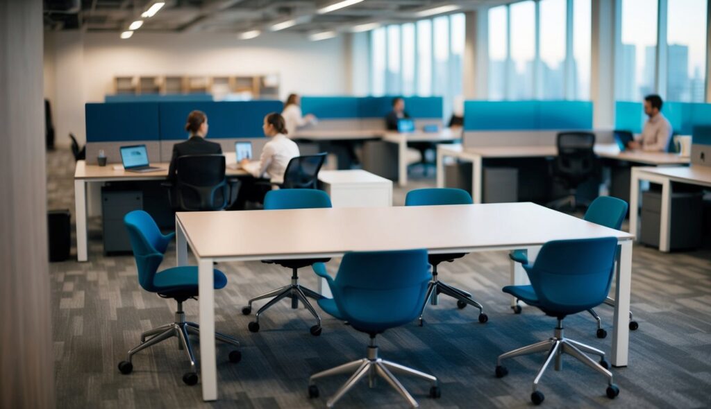 Un bureau moderne ouvert avec de longues tables de travail partagées, favorisant le travail d'équipe et la collaboration tout en préservant un espace individuel. Idéal pour les espaces ouverts, les salles de réunion et les espaces de coworking.