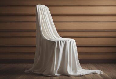 Une housse de chaise drapee sur une chaise en bois avec un motif subtil et une elegante draperie
