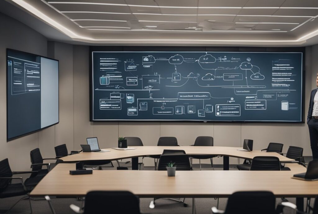 Une salle de conférence avec une grande table entourée de personnes en train de réfléchir et de planifier un événement de communication stratégique. Un tableau blanc avec des diagrammes et des graphiques est visible en arrière-plan.