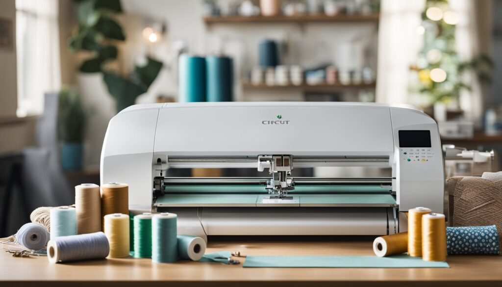 Une machine Cricut entourée de tissu, de fil et d'outils de couture sur une table de bricolage bien rangée