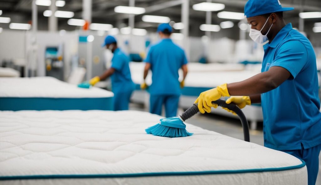 Un matelas rénové en cours de nettoyage et de désinfection dans un environnement industriel