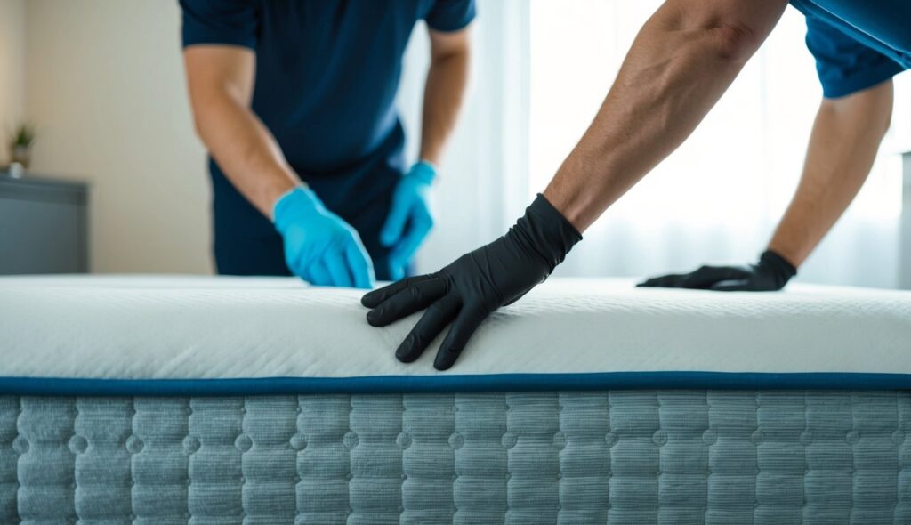 Un matelas reconditionné en cours d'inspection pour sa qualité, en mettant l'accent sur sa propreté, sa fermeté et son état général.