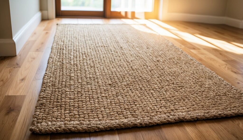 Un tapis en jute sur un sol en bois franc avec la lumière du soleil qui entre par une fenêtre