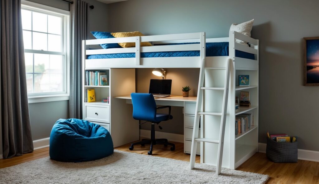 Un lit mezzanine avec un bureau intégré et des étagères de rangement en dessous, entouré d'un coin lecture confortable avec un pouf et une petite bibliothèque.