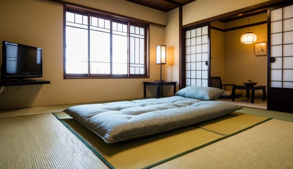 Un futon japonais sur un tatami avec une table basse et des portes coulissantes