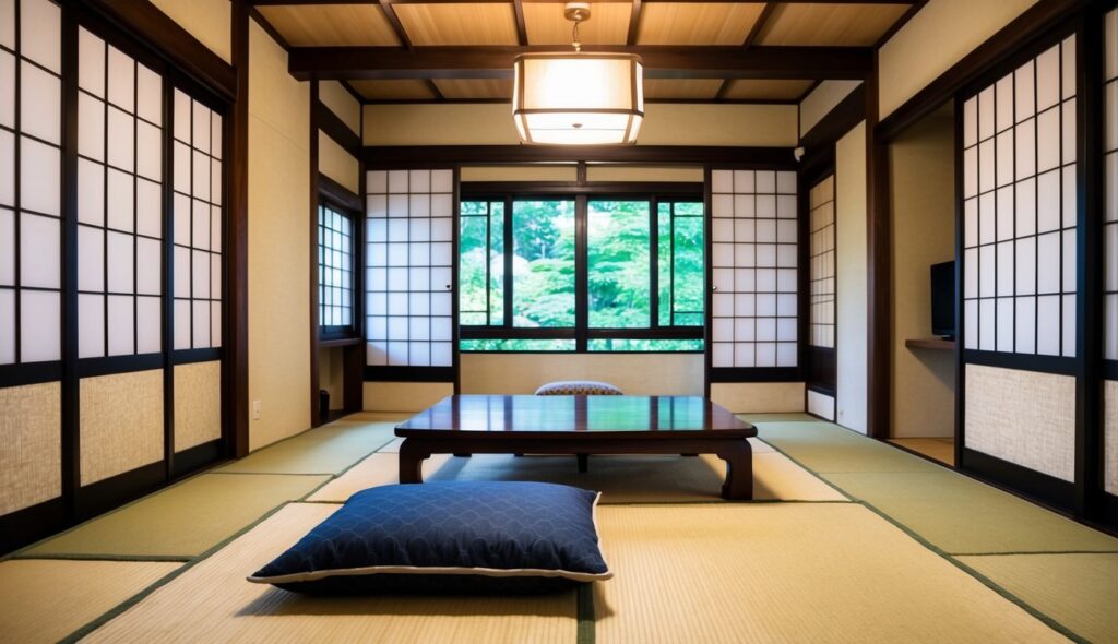 Une chambre traditionnelle japonaise avec tatami, un bas table en bois et un matelas futon plié sur le sol, entourée de portes coulissantes shoji.