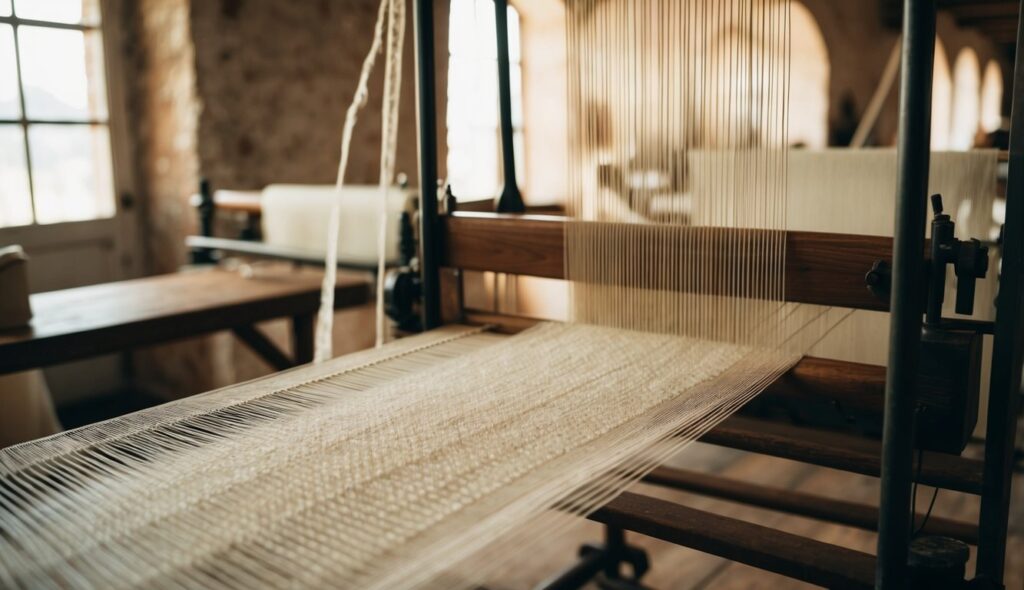 Un métier à tisser tissant un délicat tissu de mousseline dans un atelier rustique baigné de soleil