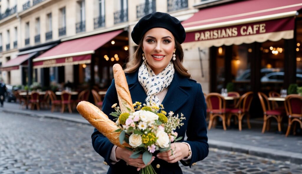 Une femme en tenue de Gavroche, se tenant sur une rue pavée devant un café parisien, avec un béret et une écharpe, tenant une baguette et un bouquet de fleurs.