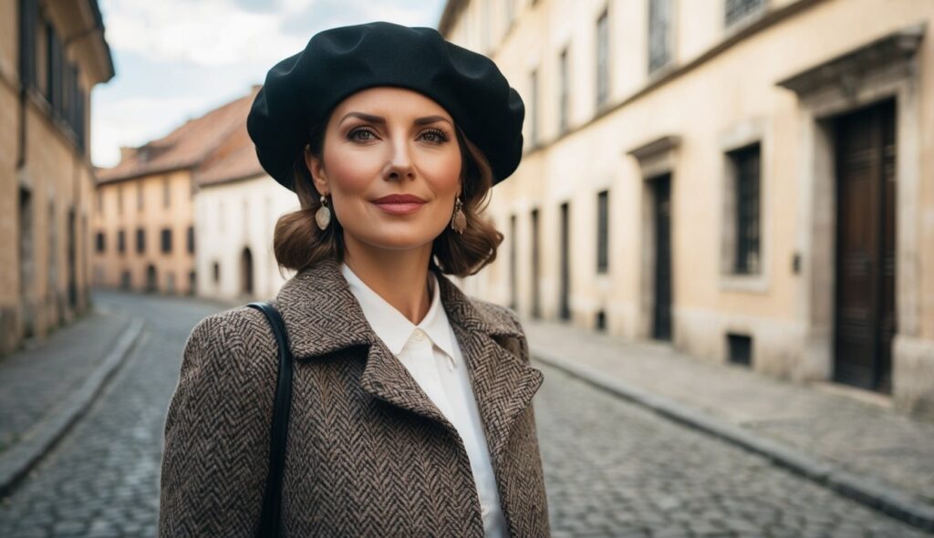 Une femme portant une casquette Gavroche se tient dans un cadre historique, entourée de vieux bâtiments et de rues pavées.