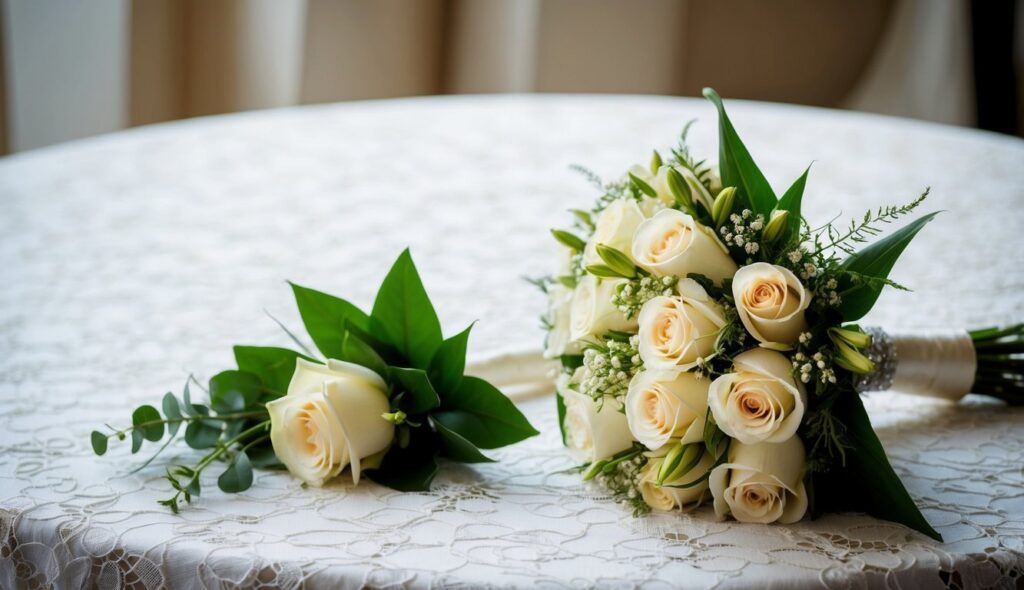 Un bouquet de la mariée et une boutonnière du marié reposant sur une nappe en dentelle