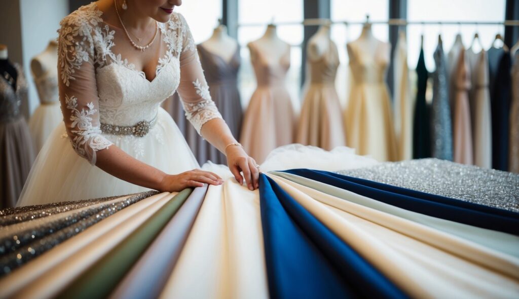 Une mariée choisissant un tissu pour un boléro de mariage parmi une variété de matériaux élégants exposés sur une table