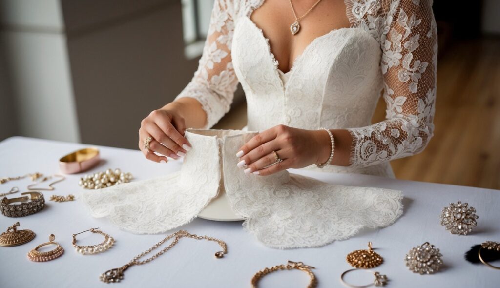 Une mariée tenant un boléro en dentelle blanche, entourée de divers accessoires comme des boucles d'oreilles, des colliers et des pièces de cheveux sur une table.