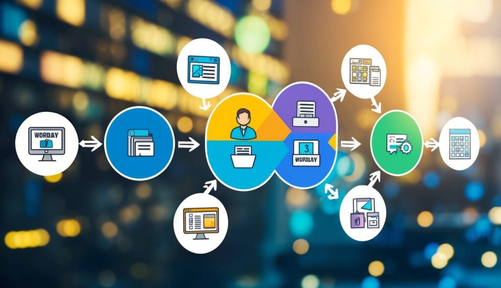 Un organigramme coloré montrant des icônes interconnectées représentant les principales fonctions de Workday, avec des étiquettes claires et des flèches indiquant leurs relations.