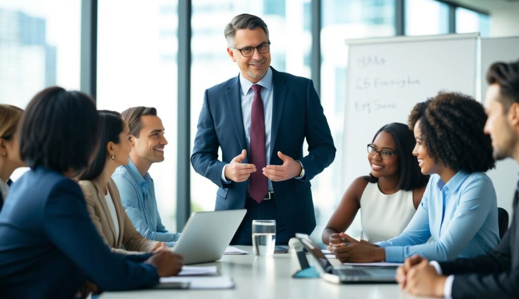 Un manager dirigeant avec confiance une réunion d'équipe avec une vision claire et une écoute attentive