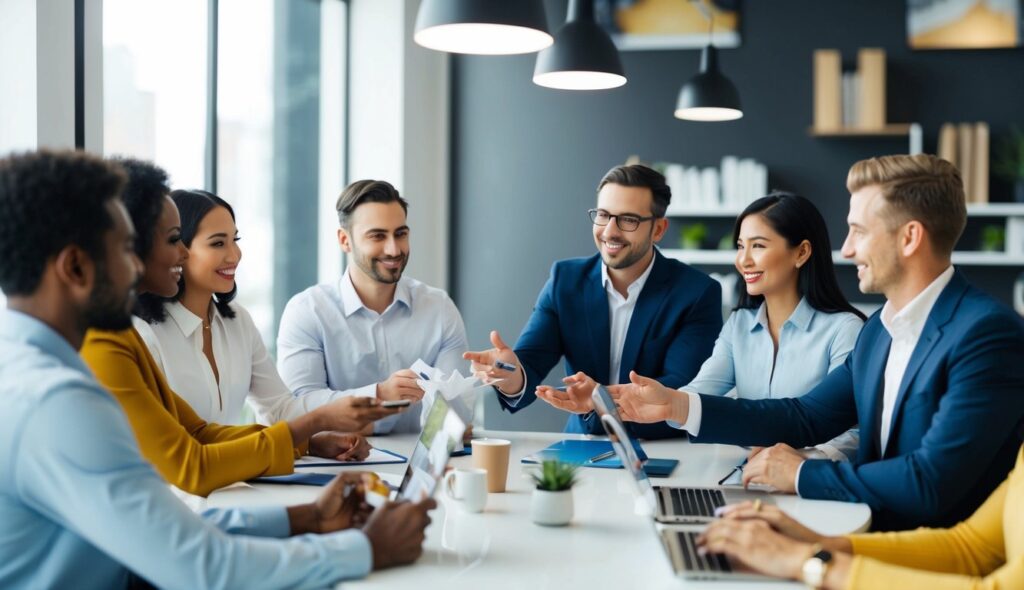 Un groupe de personnes participant à des activités de réseautage et de marketing, échangeant des produits et des services dans un cadre de MLM.