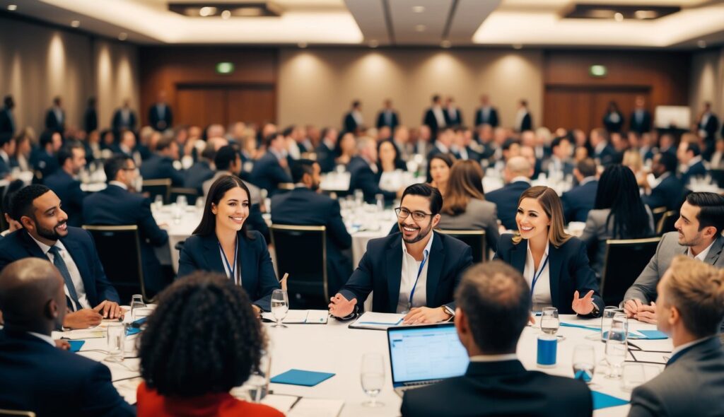 Une salle de conférence animée remplie de professionnels du marketing de réseau enthousiastes discutant des stratégies de vente et de recrutement.