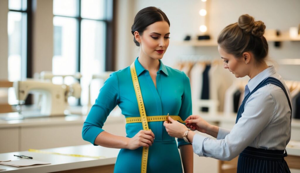 Un buste de femme mesuré avec un mètre ruban par un tailleur